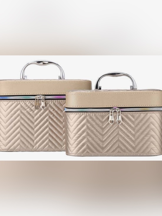 Handbags - Beige Quilted Vanity Cosmetic Case with Silver Handle